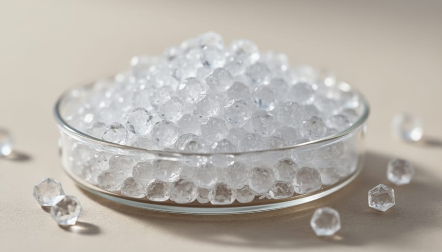 Close-up of a scoop stirring silica gel crystal litter in a container.