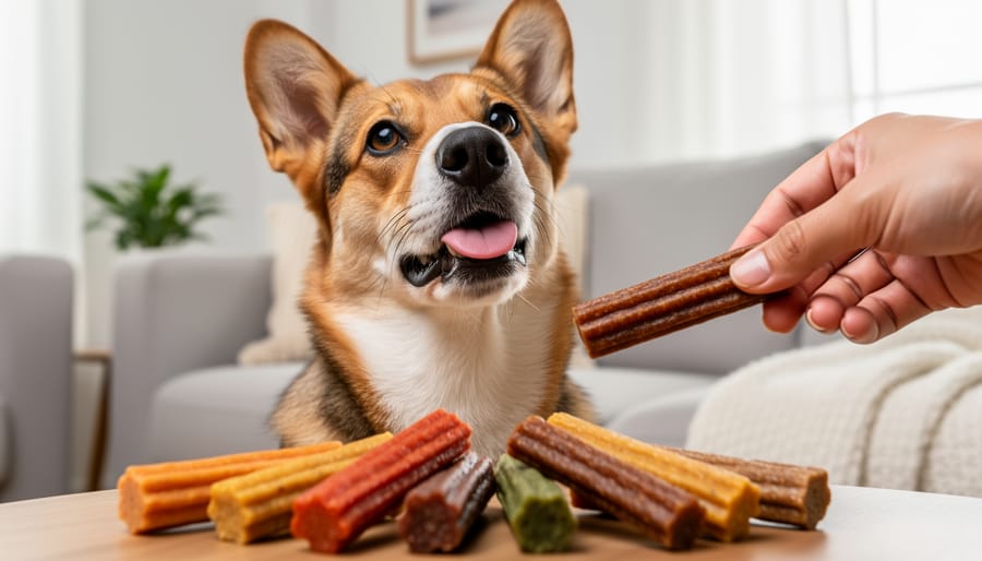 A small dog near a selection of Snausages dog treats on a kitchen floor, ready for reward