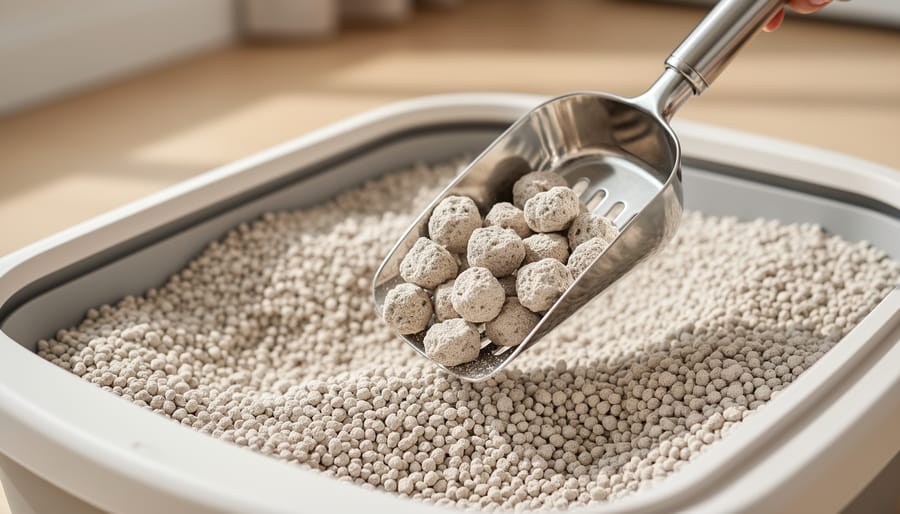 Close-up of tight clumping litter forming dense clumps in a scoop.