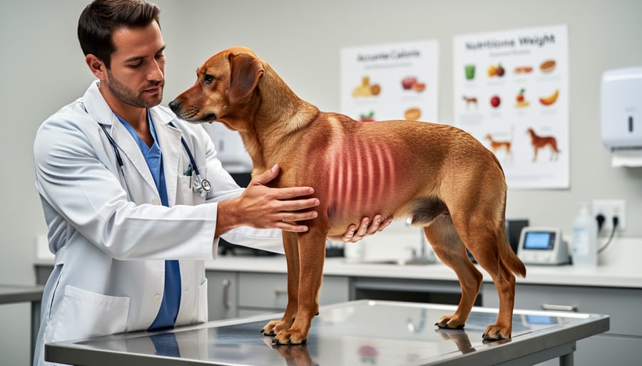 Veterinarian assessing a dog’s body condition by gently palpating ribs while owner holds the dog