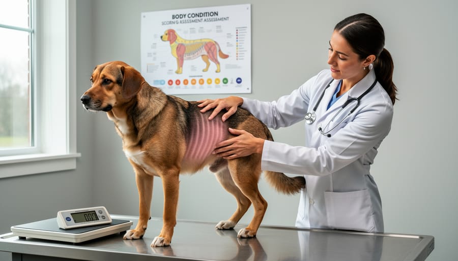 Veterinarian palpating a dog’s ribs and waist to assess body condition