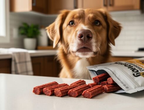 A dog waiting next to Snausages dog treats in a home kitchen setting with a treat pouch and bowl in the background.