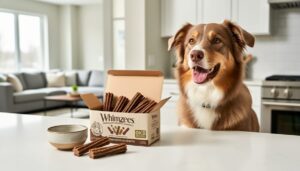 A medium-sized dog beside an open box of dental chew treats on a kitchen counter in a cozy home setting.