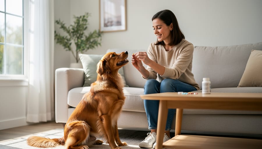 A dog calmly receiving a treat from a pet owner’s hand in a cozy home setting.