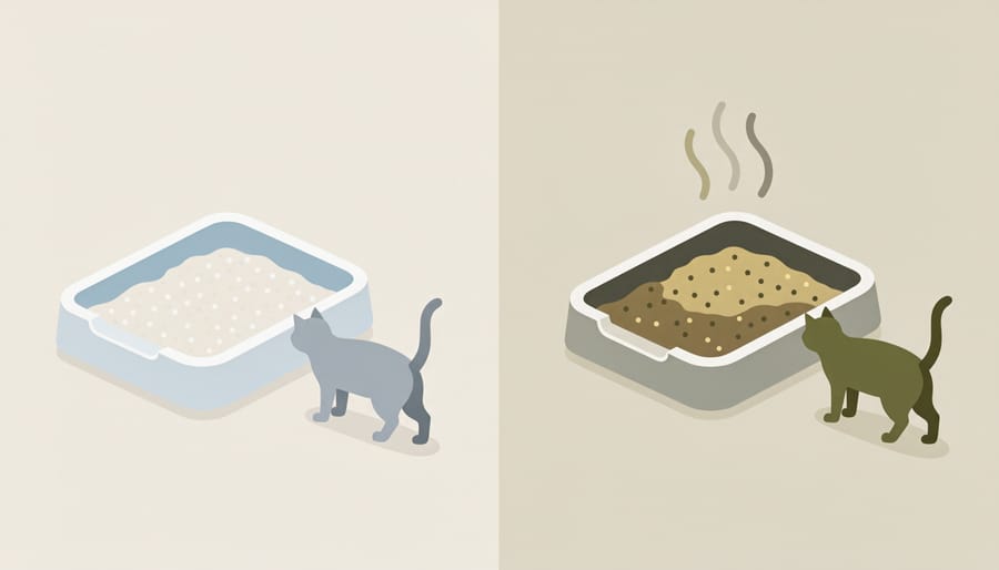 A cat appears hesitant near a litter box with visibly soiled litter.
