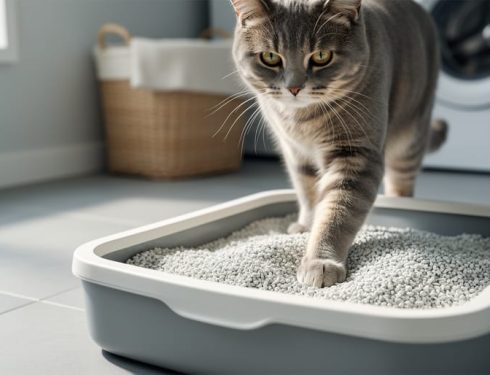 A cat paw stepping into a clean litter box with fresh clumping litter under soft natural light