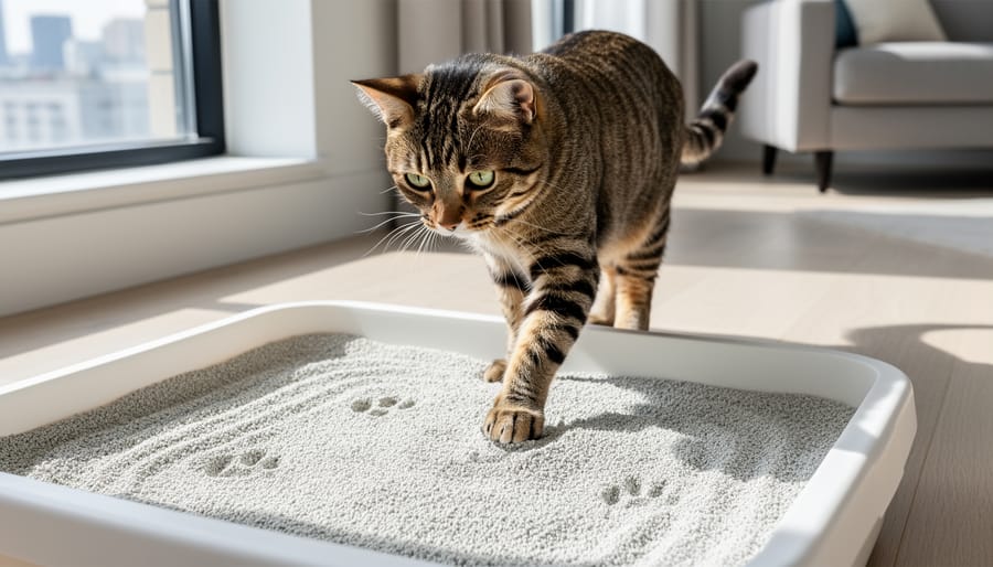 A cat paw stepping into a clean litter box with fresh clumping litter.