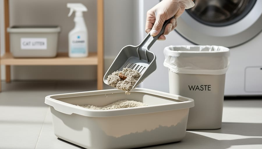A close-up of a metal litter scoop removing litter from a cat litter box.
