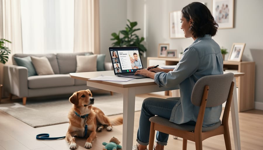 Dog owner holding a clipboard for a daycare interview while two dogs wait calmly nearby.