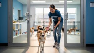 A staff member greets a dog at the entrance of a supervised daycare facility while the play area is softly visible behind them.
