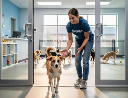 A staff member greets a dog at the entrance of a supervised daycare facility while the play area is softly visible behind them.