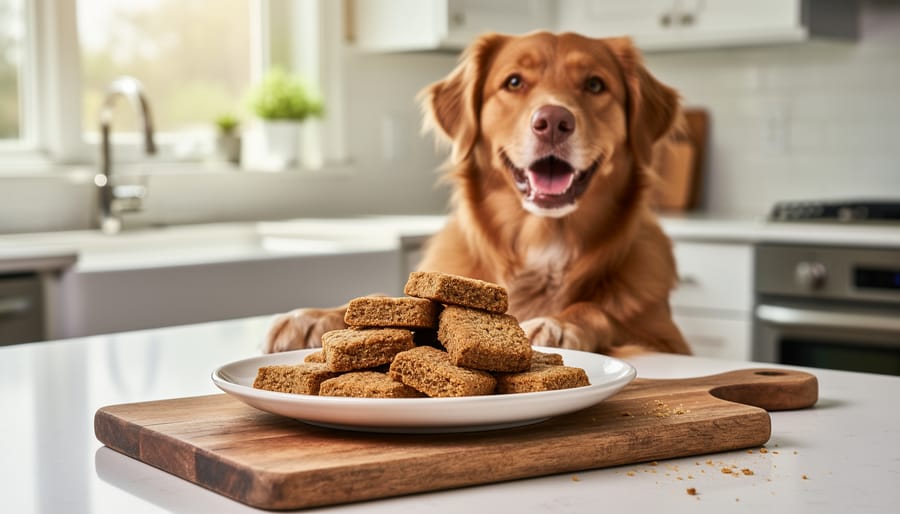 A dog eagerly looking at homemade sweet potato treats held from a tray in a home kitchen.