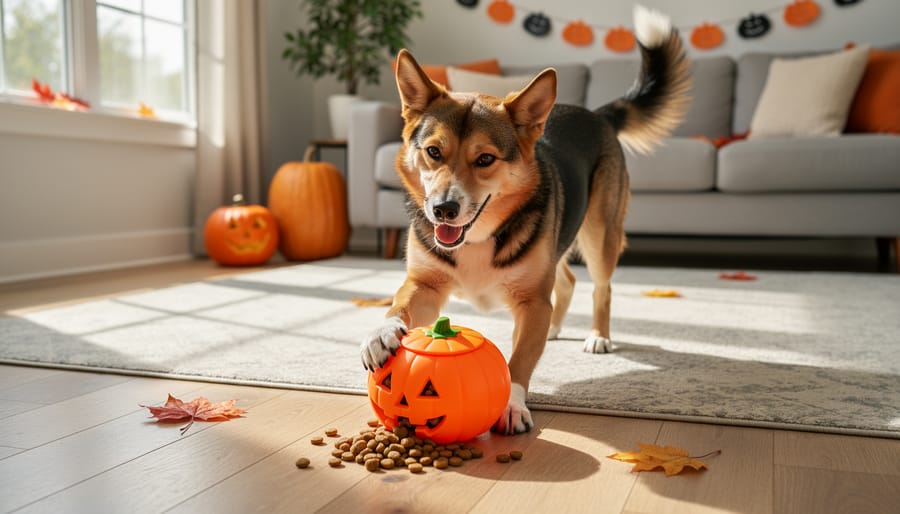 A dog wearing a Halloween bandana playing with an orange food-dispensing treat toy on a living-room rug.