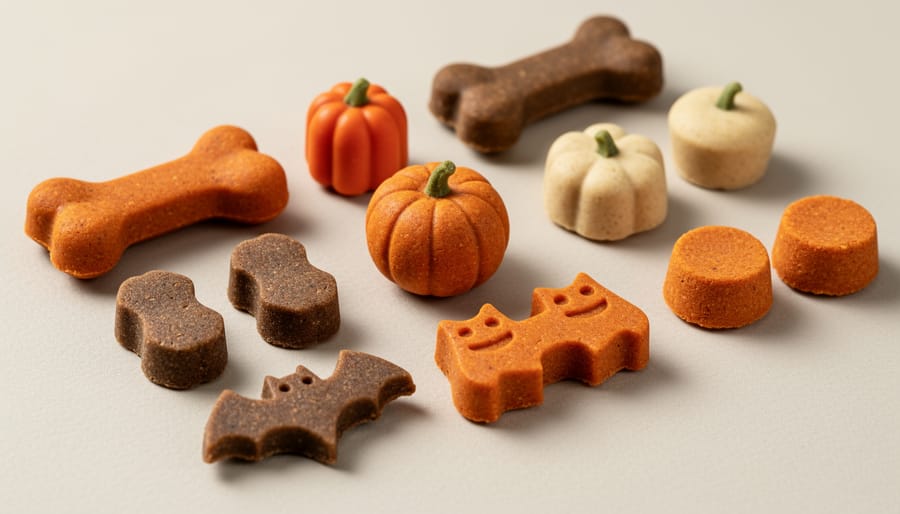 Close-up of pumpkin and Halloween-themed dog treats next to a food-dispensing toy compartment.