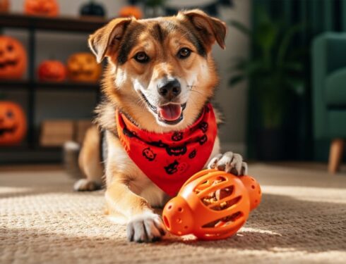 A happy dog wearing a Halloween bandana plays with an orange food-dispensing treat toy on a living-room rug.