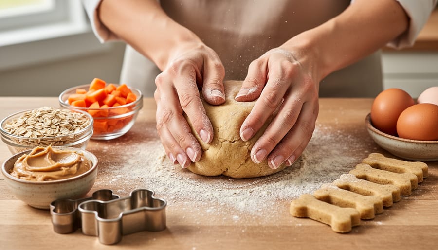 Close-up of hands mixing sweet potato dog treat dough with a wooden spoon and baking tools nearby.