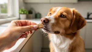 “Pet parent’s hand offering a pill pocket dog treat to a dog in a kitchen, showing the treat being safely concealed for medication.”