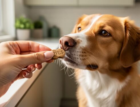 “Pet parent’s hand offering a pill pocket dog treat to a dog in a kitchen, showing the treat being safely concealed for medication.”