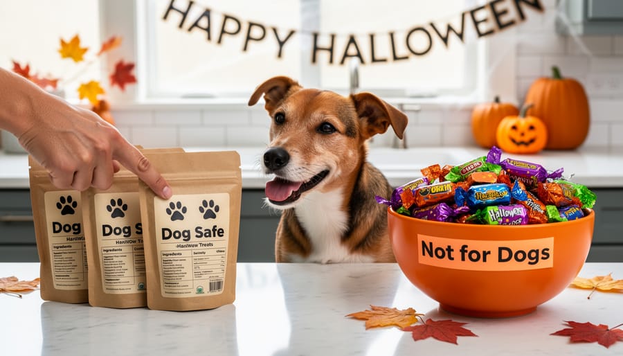 A pet owner holding dog-safe Halloween treats while keeping Halloween candy out of reach and checking the packaging.