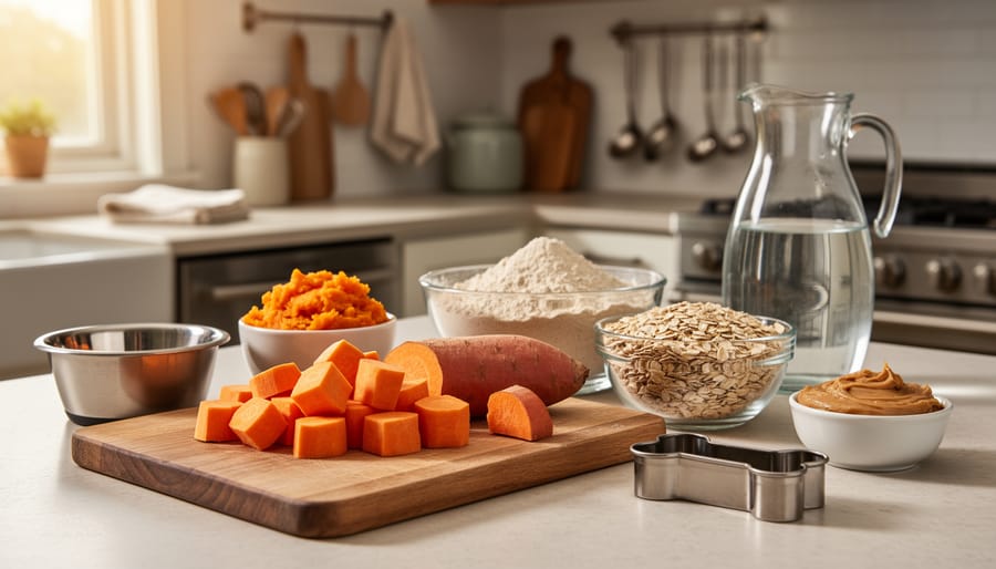 Sweet potato puree and baking ingredients arranged on a kitchen counter for homemade dog treats.