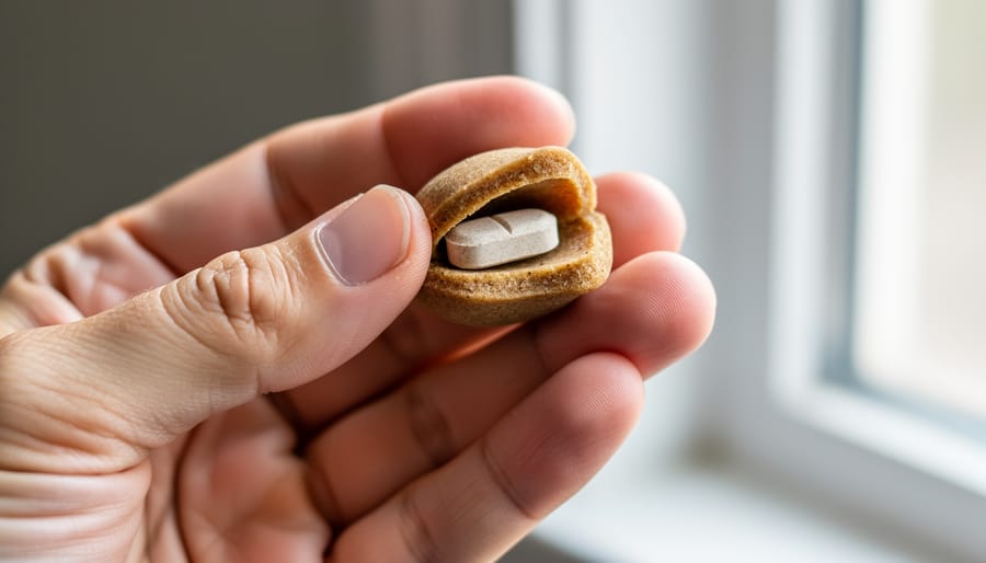 Macro close-up of a pill-pocket treat being held with a tablet concealed inside.