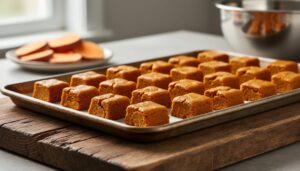 Close-up of freshly baked sweet potato dog treats on a wooden board, with cooked sweet potato pieces and a mixing bowl blurred in the background.