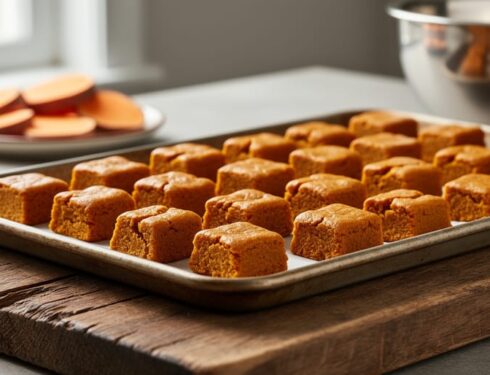 Close-up of freshly baked sweet potato dog treats on a wooden board, with cooked sweet potato pieces and a mixing bowl blurred in the background.